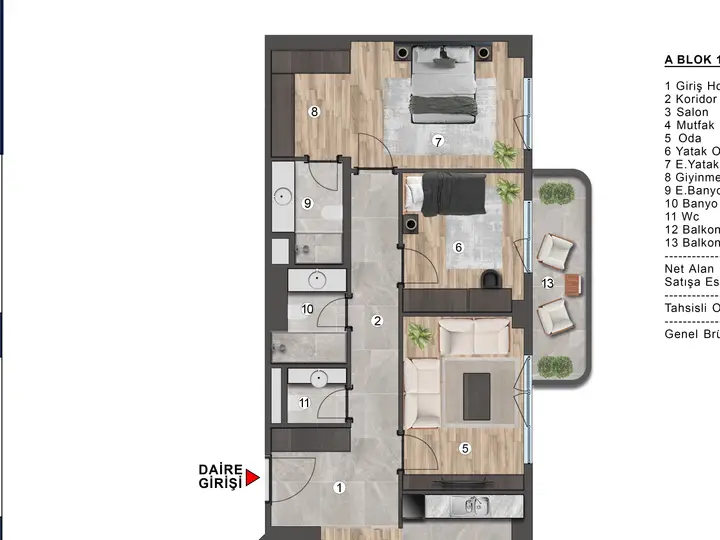 A Blok 3+1 Daire kat planı