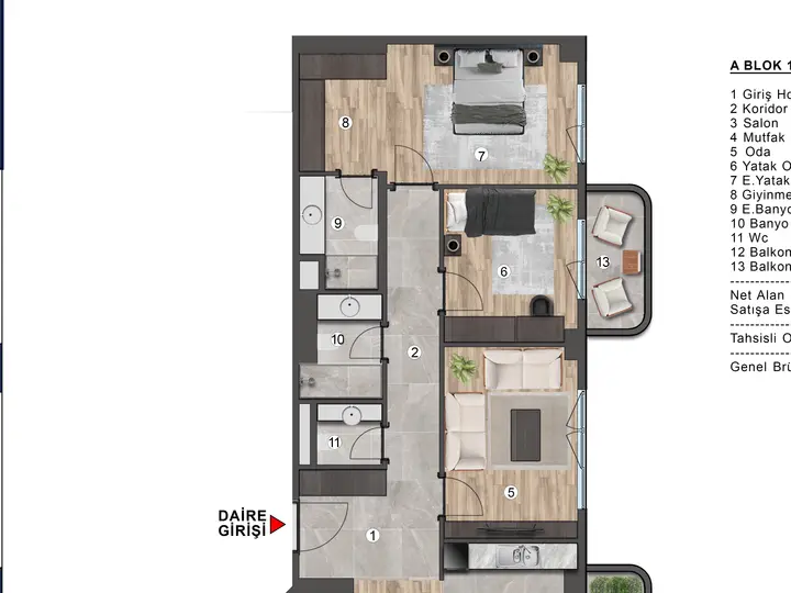 A Blok 3+1 Daire kat planı