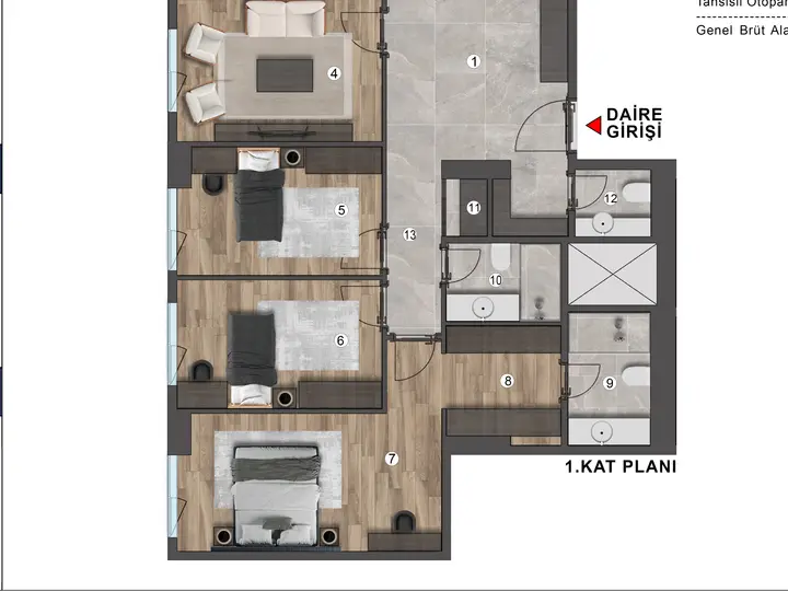 B Blok 4+1 Daire kat planı