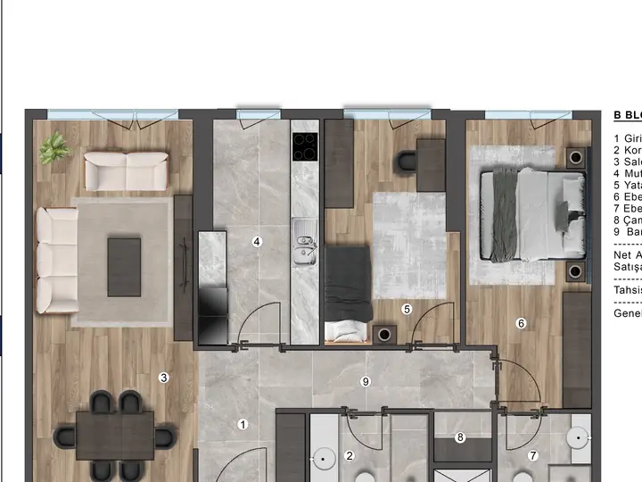 B Blok 2+1 Daire kat planı