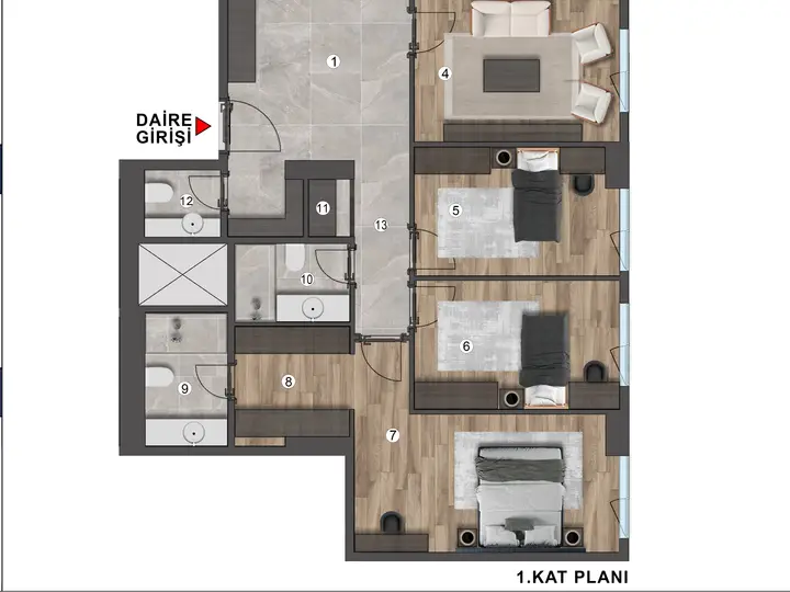 B Blok 4+1 Daire kat planı