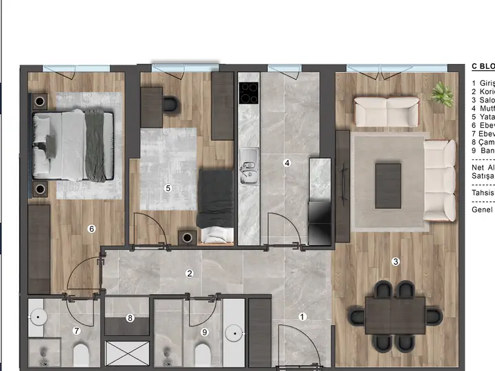 C Blok 2+1 Daire kat planı