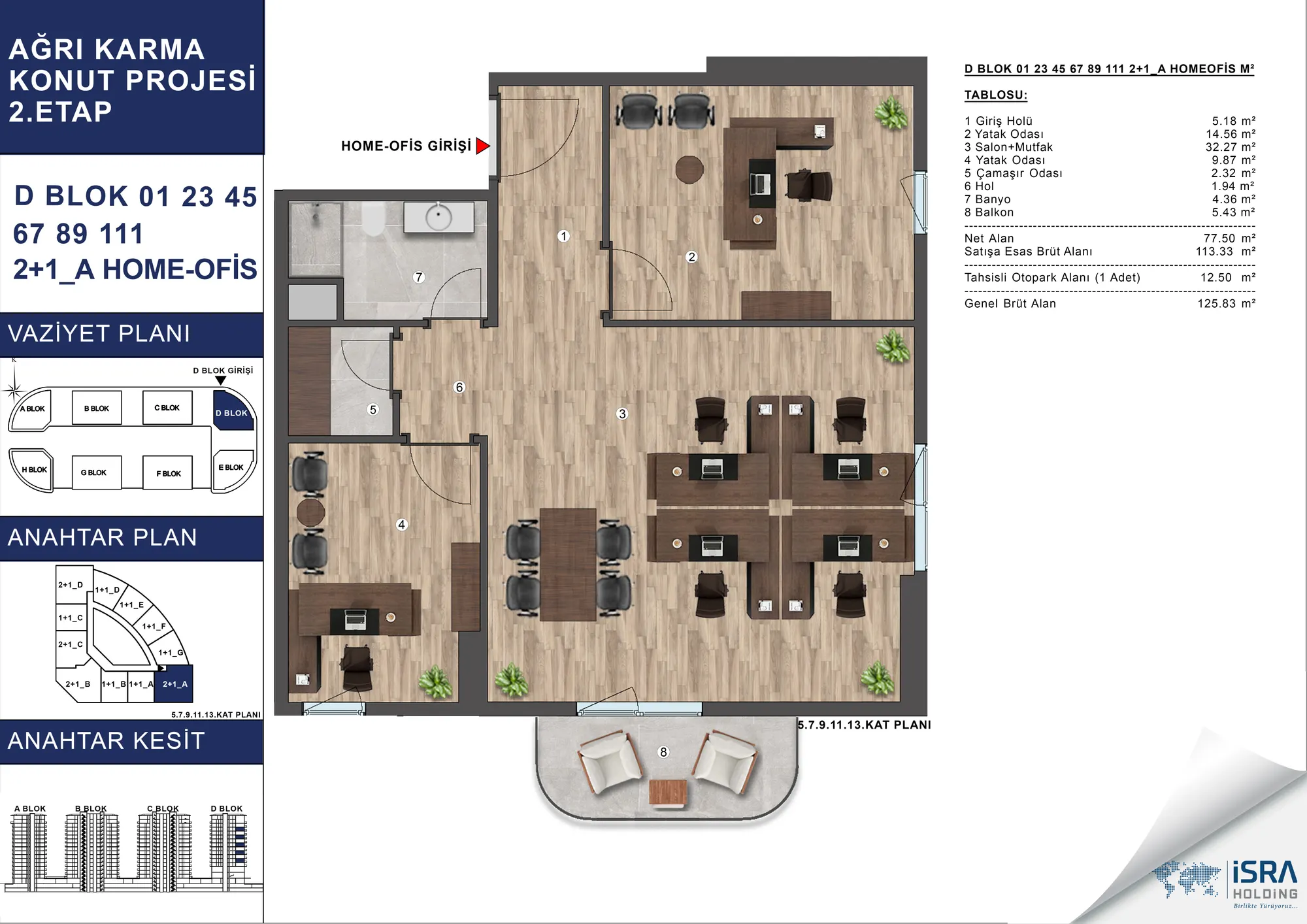 V Premium Ağrı D Blok 2+1 Home Ofis kat planı — A tipi