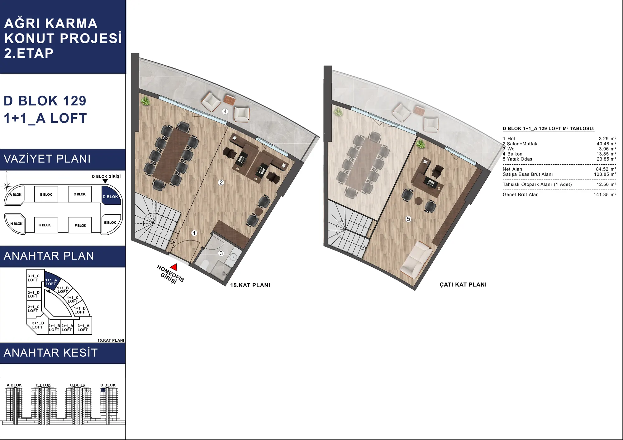 V Premium Ağrı D Blok 1+1 Loft kat planı — A tipi