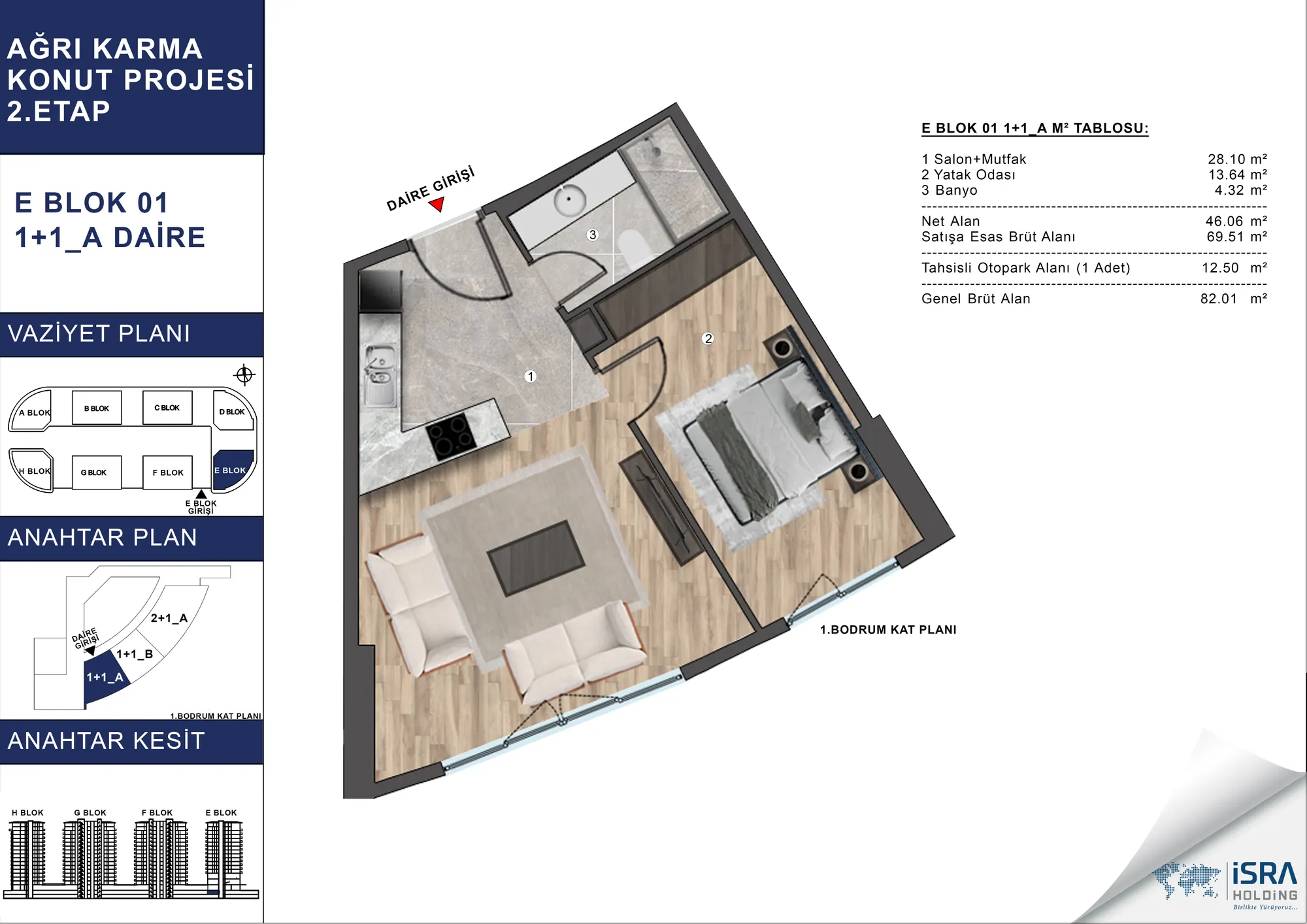 V Premium Ağrı E Blok 1+1 Daire kat planı — A tipi
