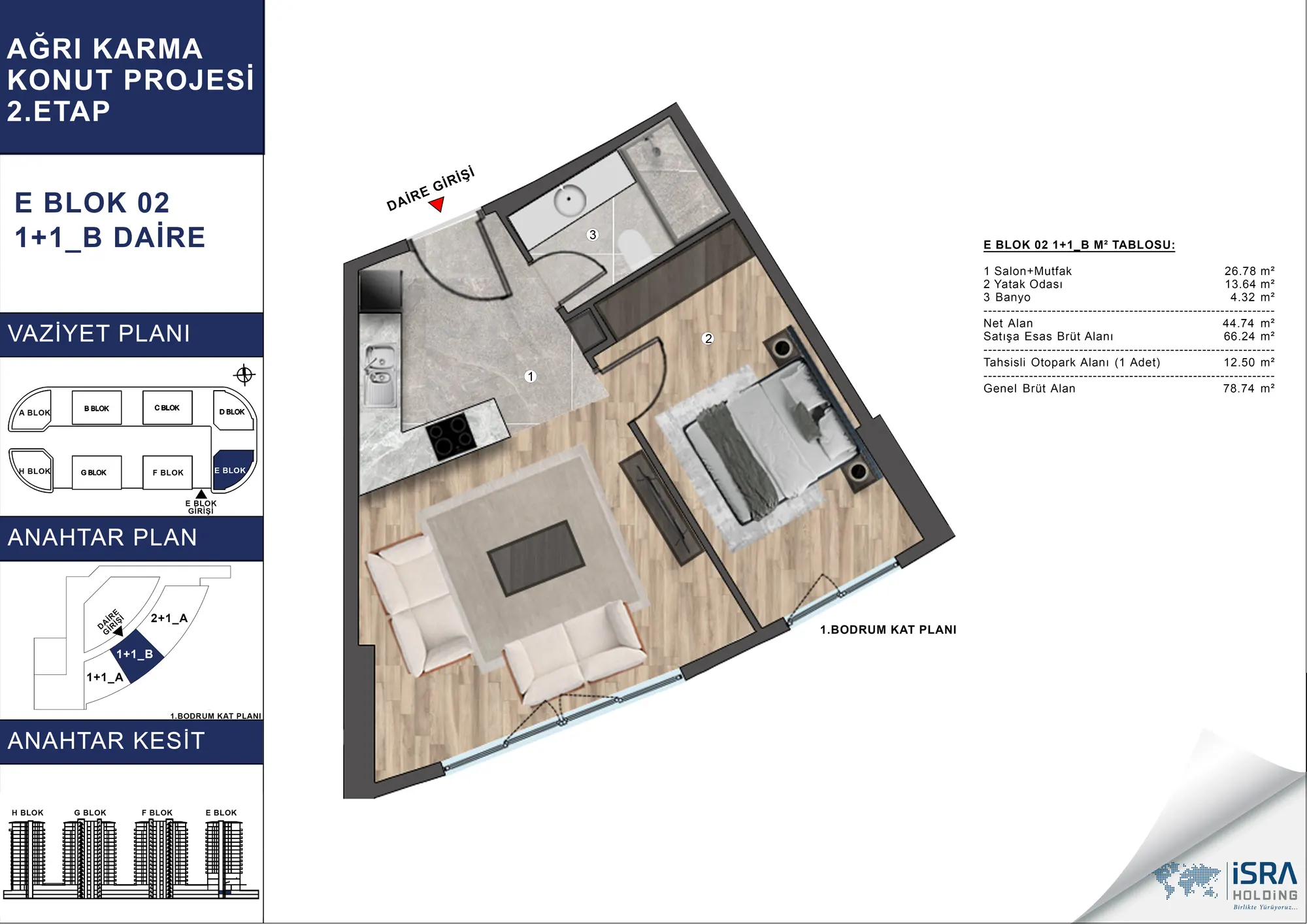 V Premium Ağrı E Blok 1+1 Daire kat planı — B tipi