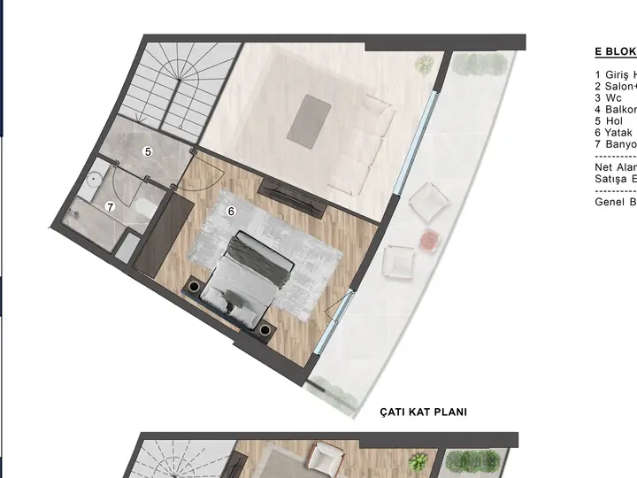 E Blok 1+1 Loft kat planı